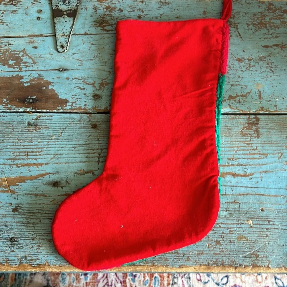 Vintage Santa and reindeer Needlepoint Stocking